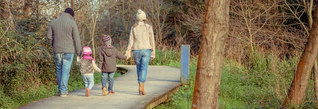 Vista traseira de uma família caminhando juntos de mãos dadas sobre um caminho de madeira na floresta