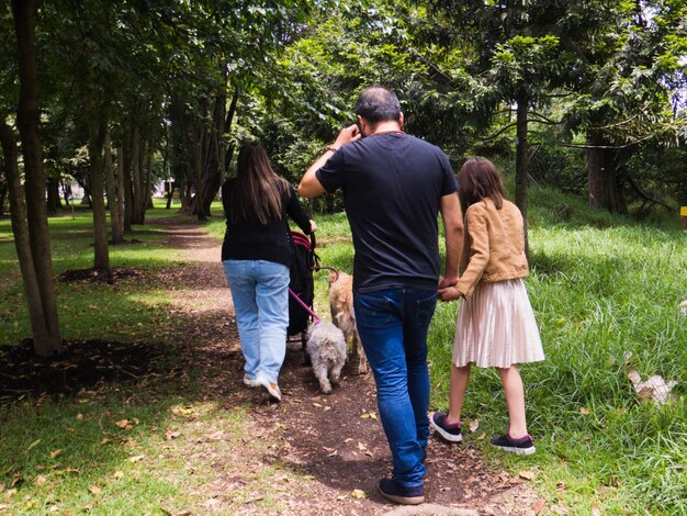 Foto vista traseira de uma família caminhando no parque