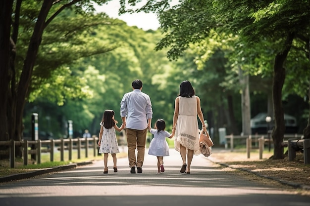 Vista traseira de uma família caminhando no parque