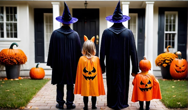 Vista traseira de uma família fantasiada para o Halloween Ai Generative