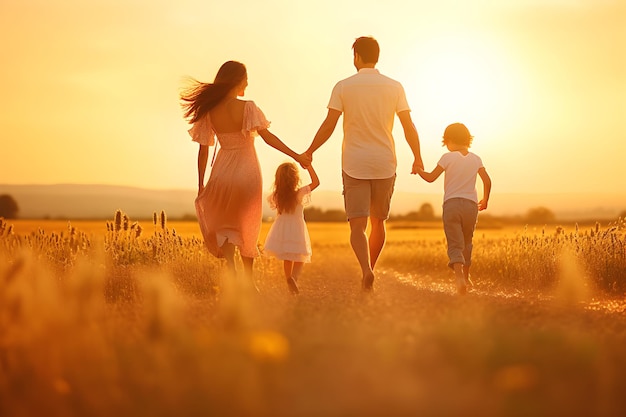 Vista traseira de uma família feliz pai mãe filha e filho desfrutando de uma bela paisagem e trabalhando