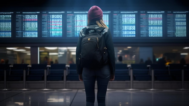 Vista traseira de uma garota de chapéu com mochila no fundo de um grande placar eletrônico no aeroporto ou rodoviária