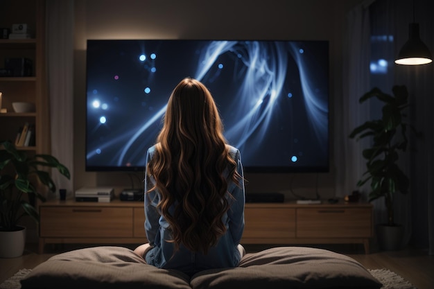 Vista traseira de uma jovem assistindo TV à noite na sala de estar
