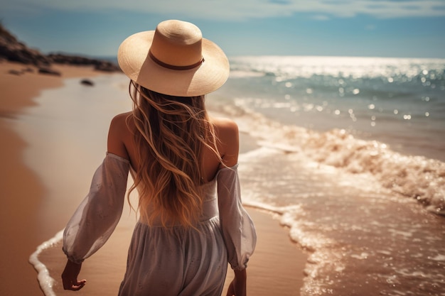 Vista traseira de uma jovem com chapéu de palha na praia de areia nas férias de verão conceito de vibração de verão feliz