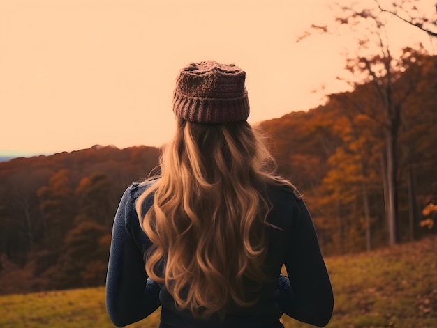 Vista traseira de uma jovem com pano quente e chapéu na temporada de outono