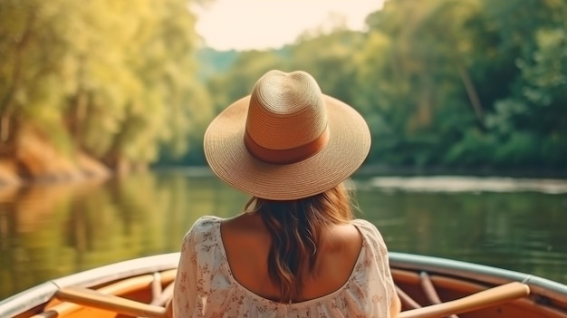 Vista traseira de uma jovem com um chapéu de palha descansando em um barco e olhando para uma lagoa usando Generative AI