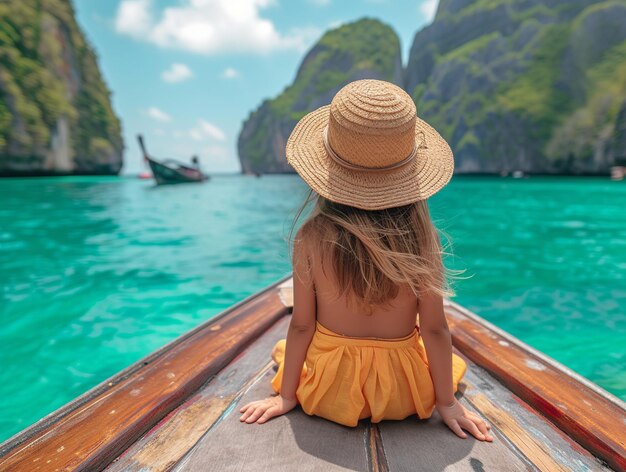 Vista traseira de uma jovem mulher com um chapéu e vestido sentada em um barco observando a paisagem