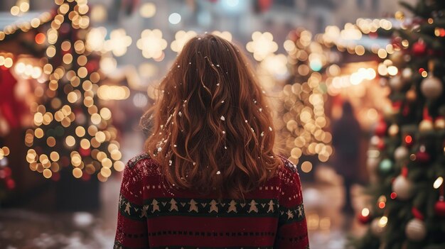 Vista traseira de uma jovem mulher de camisola vermelha olhando para o mercado de Natal