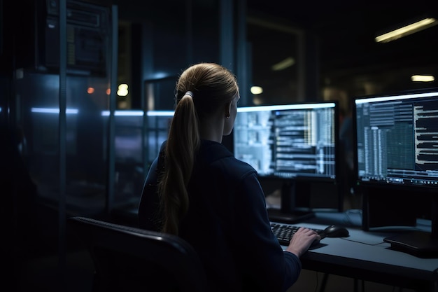 Vista traseira de uma jovem programadora trabalhando em computador em um escritório escuro Uma programadora codificando e trabalhando em um computador em seu escritório AI Gerado
