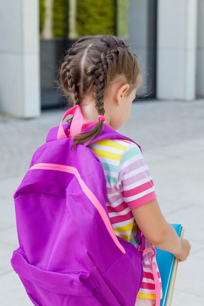 Foto vista traseira de uma menina com mochila caminhando por uma calçada