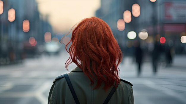 Vista traseira de uma mulher anônima com cabelo ruivo em pé perto da faixa de pedestres