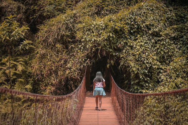 Vista traseira de uma mulher atravessando uma ponte na floresta