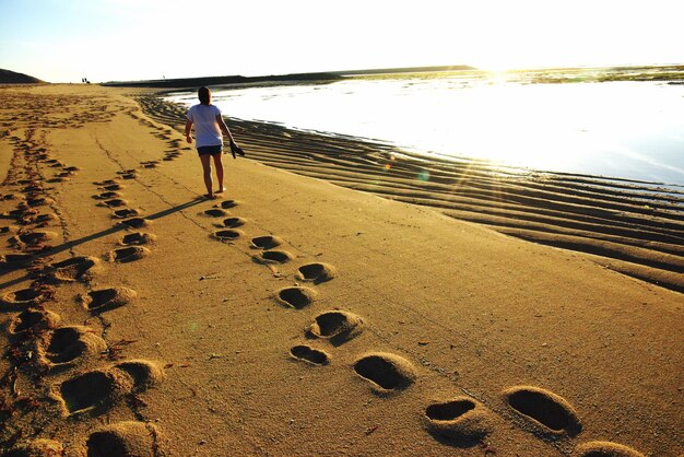 Vista traseira de uma mulher caminhando na praia