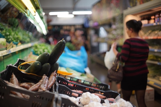 Vista traseira de uma mulher caminhando no supermercado