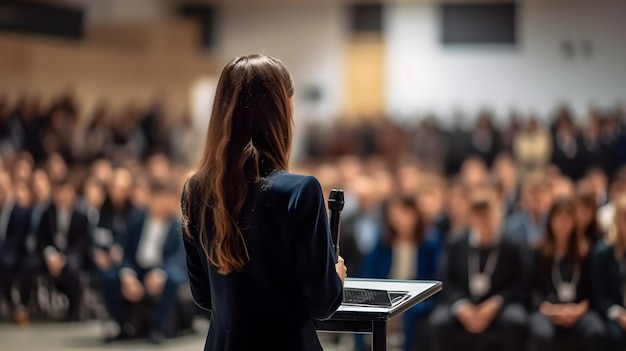 Vista traseira de uma mulher de negócios falando na audiência da conferência