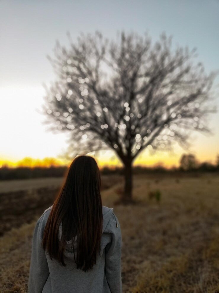 Foto vista traseira de uma mulher de pé em terra contra o céu durante o pôr do sol