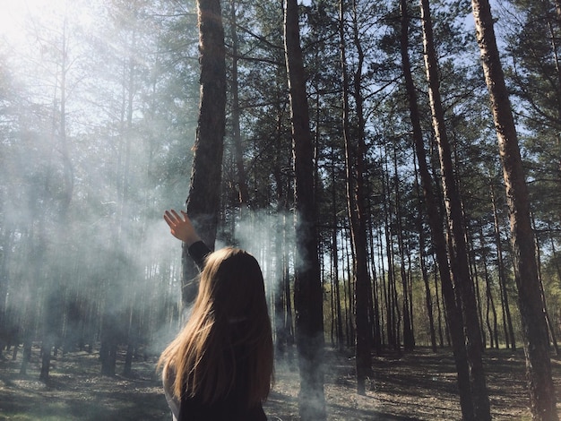 Vista traseira de uma mulher de pé junto a árvores na floresta