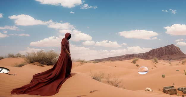 Foto vista traseira de uma mulher de pé na areia na praia contra o céu