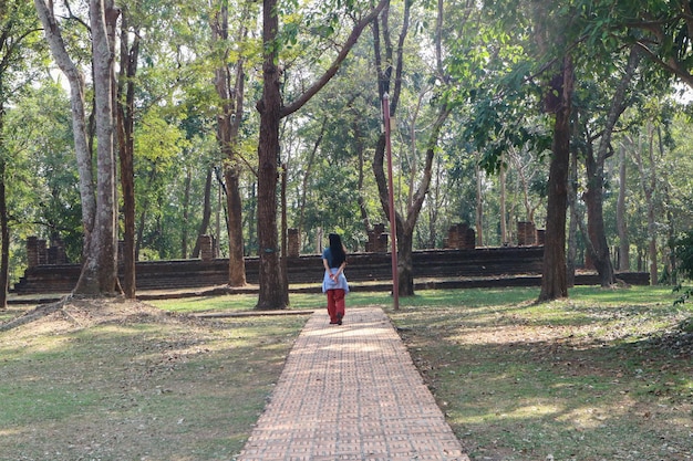 Foto vista traseira de uma mulher de pé na calçada no parque