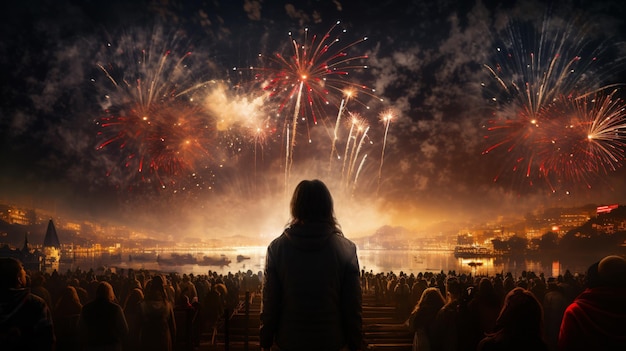 Vista traseira de uma mulher e uma multidão olhando para os fogos de artifício