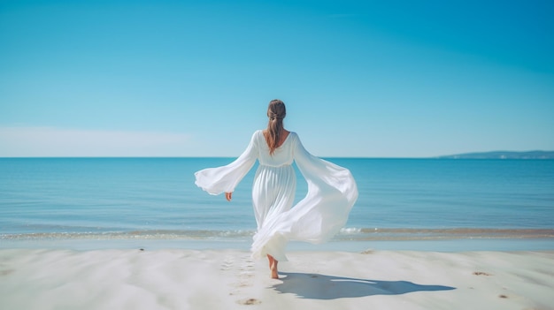 Vista traseira de uma mulher elegante em pé em uma praia iluminada pelo sol