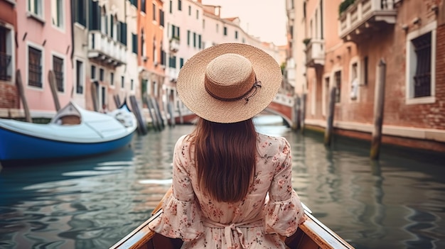 Vista traseira de uma mulher elegante usando chapéu de palha em um passeio de gôndola ao longo de uma bela rua em Veneza
