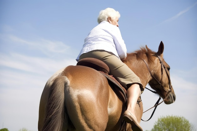 Vista traseira de uma mulher idosa sendo levantada na sela por seu cavalo