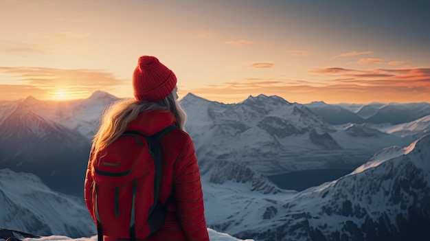 Vista traseira de uma mulher no topo de uma montanha coberta de neve foto de alta qualidade
