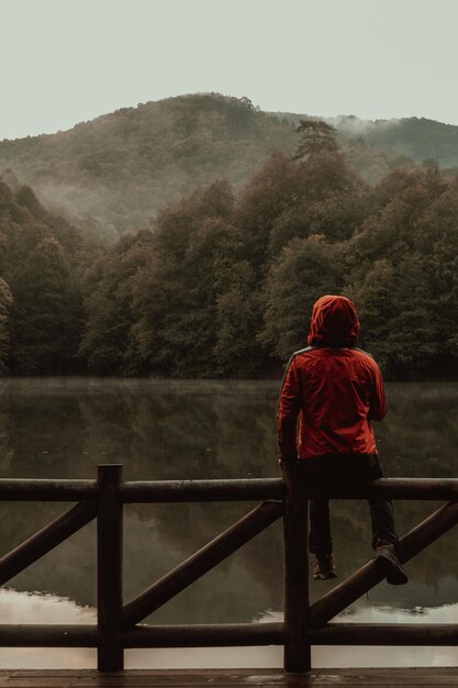 Foto vista traseira de uma mulher olhando para a montanha