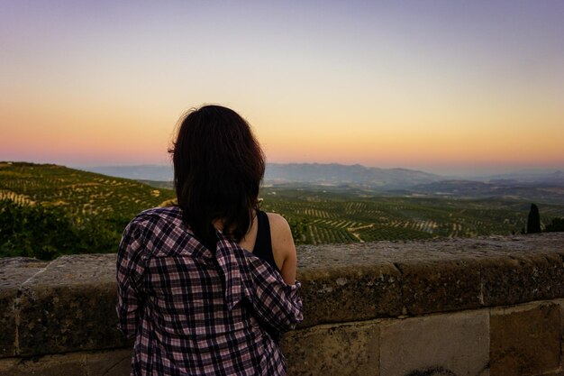Foto vista traseira de uma mulher olhando para o pôr-do-sol