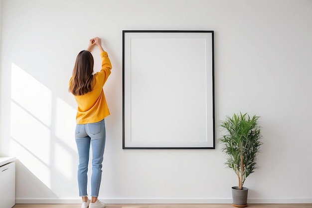 Foto vista traseira de uma mulher pendurada em uma moldura espacial em uma parede branca em um apartamento