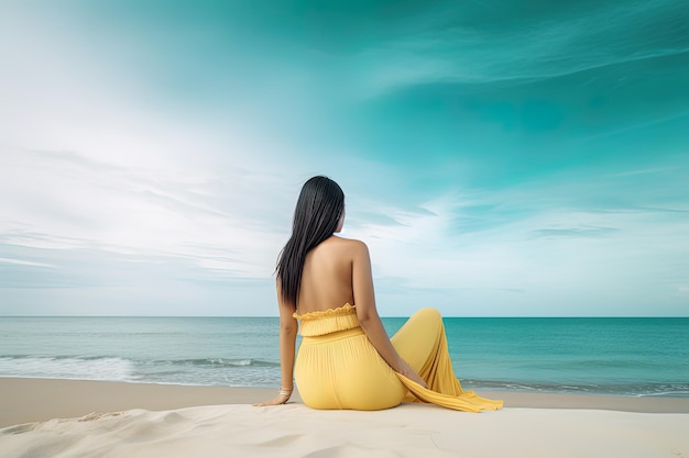 Vista traseira de uma mulher sentada na praia