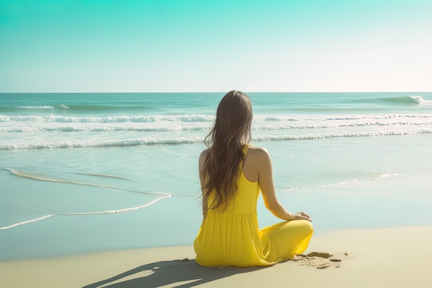 Vista traseira de uma mulher sentada na praia