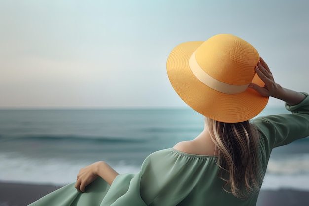 Vista traseira de uma mulher usando um chapéu sentado na praia
