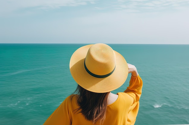 Vista traseira de uma mulher usando um chapéu sentado na praia