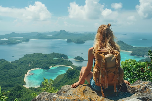 Vista traseira de uma mulher viajante sentada na rocha da montanha e um grande espaço para texto ou fundo de publicidade de produto IA geradora