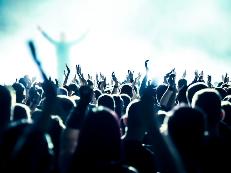 Foto vista traseira de uma multidão desfrutando durante um concerto de música