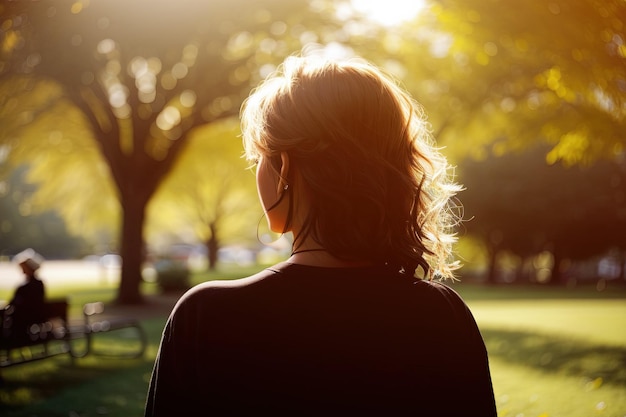 Vista traseira de uma pessoa adulta do sexo feminino em um parque público em um dia ensolarado de verão, ilustração de IA generativa