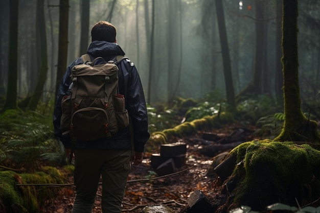Vista traseira de uma pessoa com uma mochila caminhando por uma aventura na floresta e imagem de caminhada