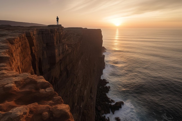 Vista traseira de uma pessoa na beira de um penhasco contemplando as ondas iluminadas pelo sol abaixo