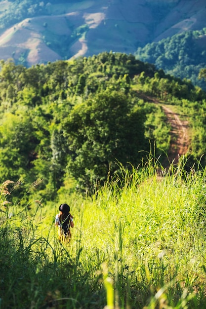 Vista traseira de uma viajante feminina caminhando pelas montanhas verdes