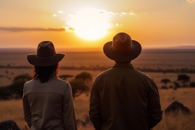 Foto vista traseira de viajantes masculinos e femininos contemplando o pôr do sol cênico acima da savana africana