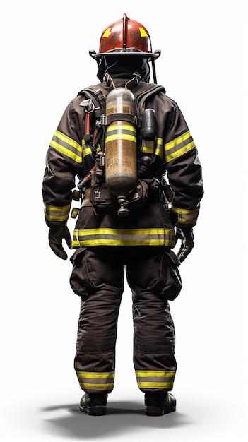 vista traseira do bombeiro homem com capacete e tubo de oxigênio nas costas, isolado no fundo branco