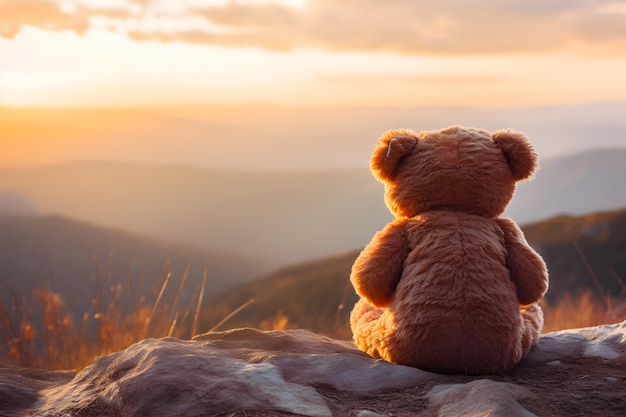 Foto vista traseira do brinquedo de ursinho de pelúcia sentado com fundo de vista para a montanha ao pôr do sol