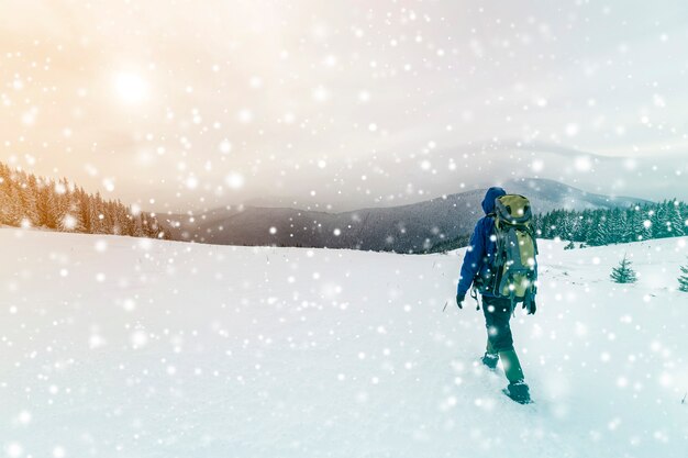 Foto vista traseira do caminhante do turista em roupas quentes com mochila caminhando para cima montanhas cobertas de neve na floresta de abetos e o céu nublado copie o fundo do espaço.