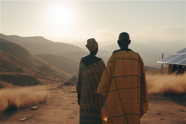 Vista traseira do casal africano adulto em roupas tradicionais frontais painéis solares Generative AI