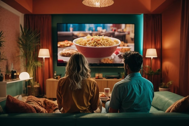 Vista traseira do casal na sala de estar assistindo a um filme na TV enquanto comia comida para viagem