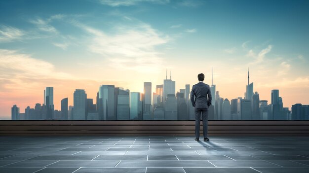 Vista traseira do empresário de pé no piso de concreto do telhado Pensando e olhando para a bela vista panorâmica do horizonte na hora dourada Conceito de sucesso e carreira Espaço de cópia