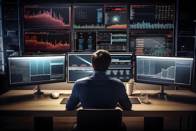 Vista traseira do empresário sentado no escritório e olhando para monitores com tela de dados do mercado de ações