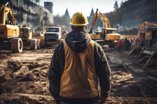 Vista traseira do engenheiro supervisionando a construção